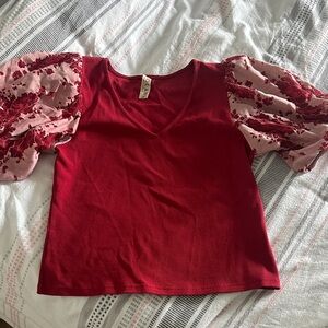 Anthropologie Red Top with Pink Floral Puff Sleeves